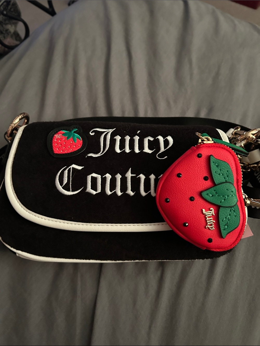 Juicy Couture Black Velvet Crossbody Bag with Red Strawberry Charm